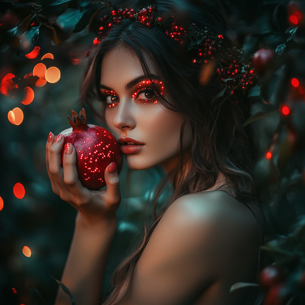 Woman in woods with red glitter eyeshadow, holding pomegranate.