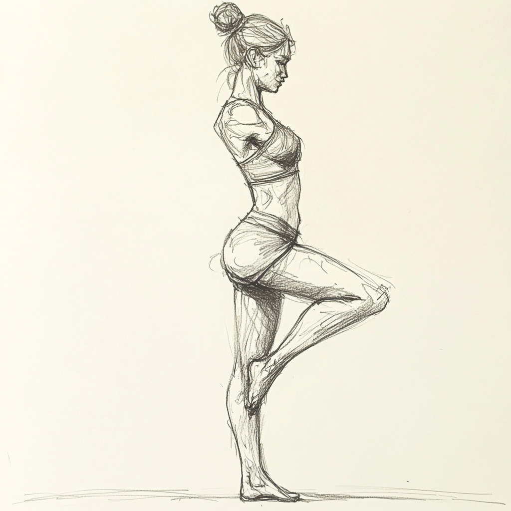 Woman in yoga pose standing on one leg.