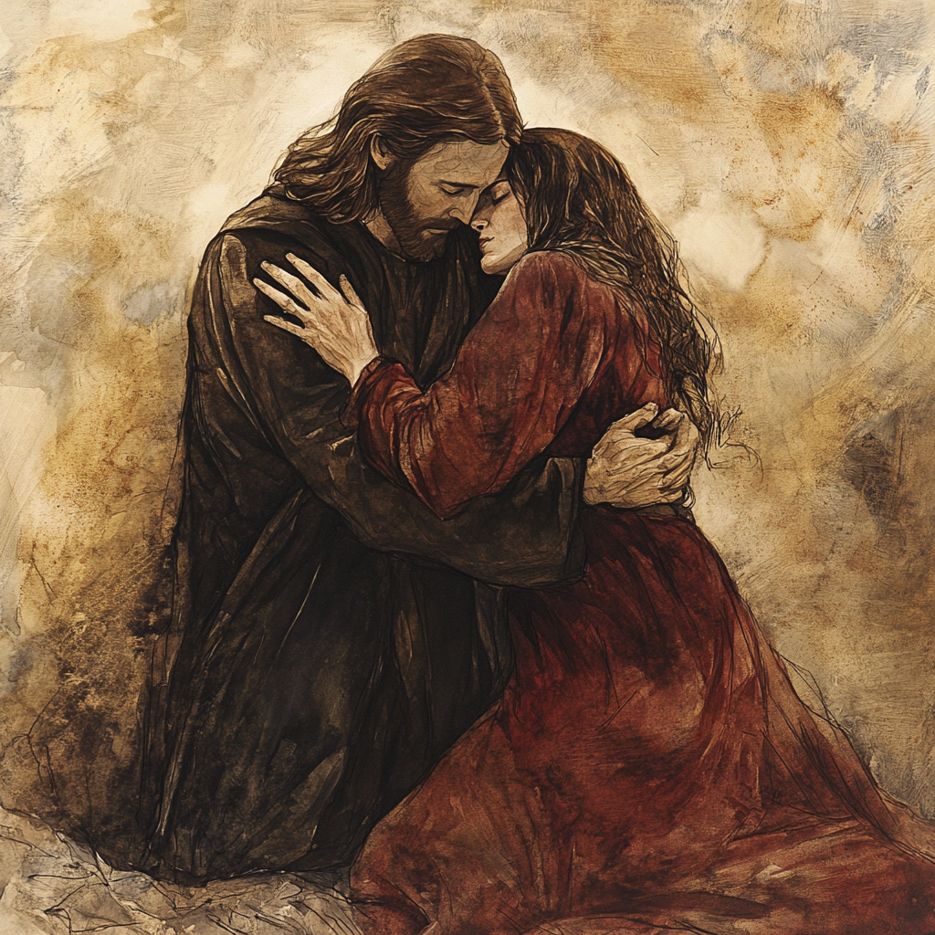 Woman kneeling before Jesus, he shows compassion. Earthy background.