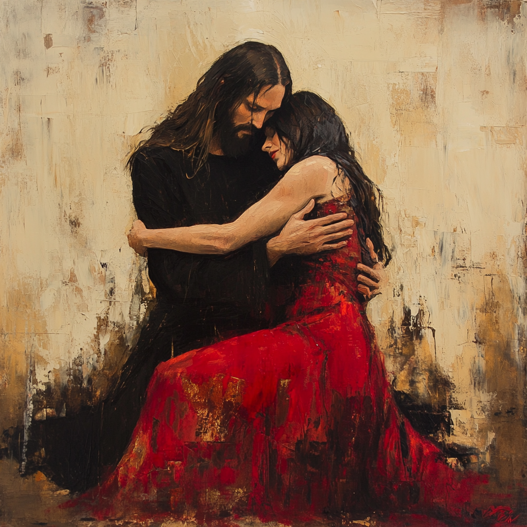 Woman kneeling before compassionate Jesus, both in flowing dress.