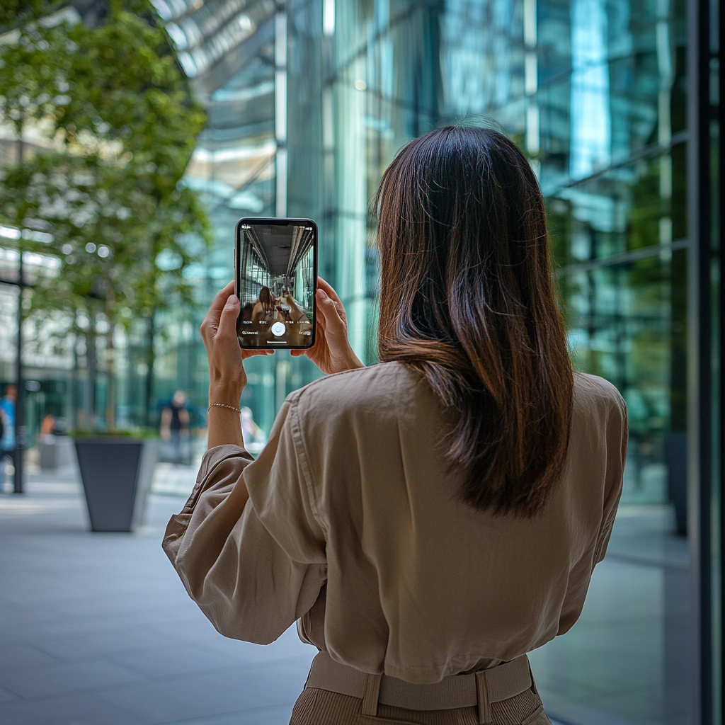 Woman looking at phone screen with reflection, outdoors.