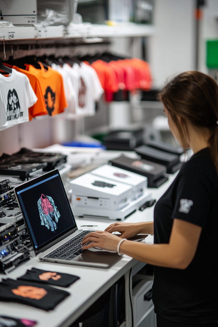 Woman making T-shirt design on laptop with prints.