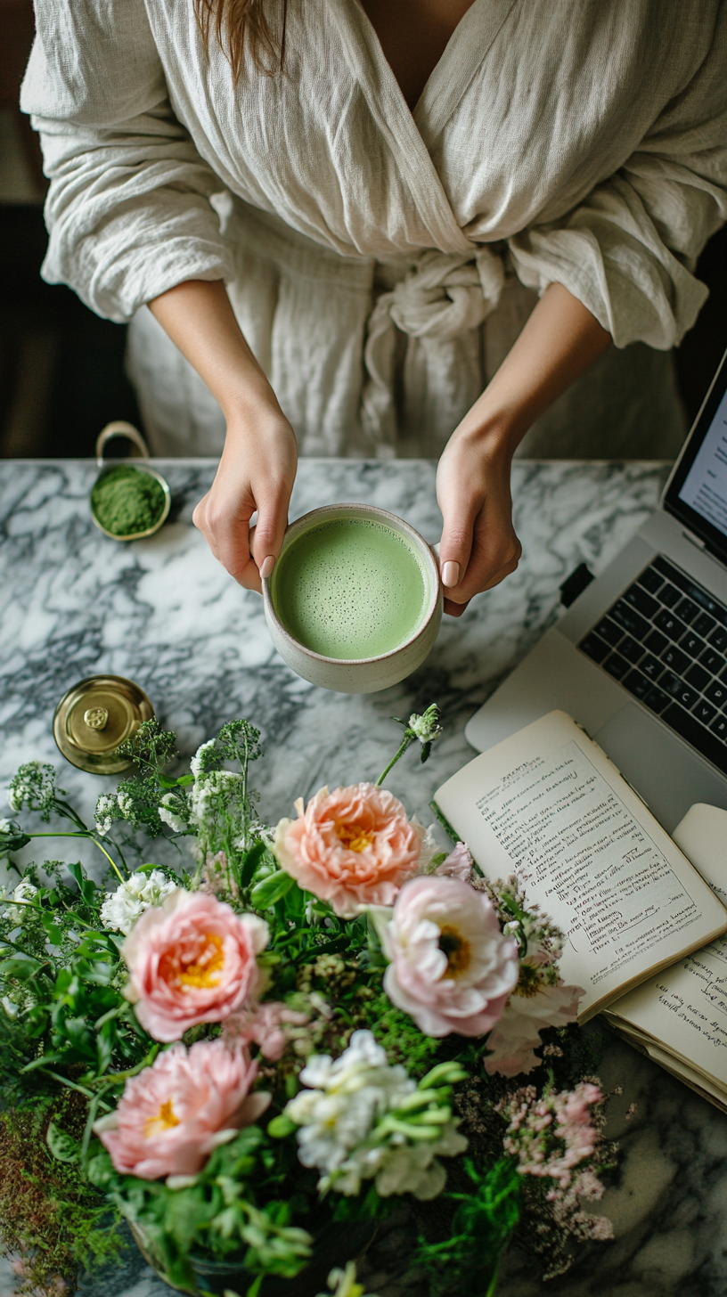 Woman making matcha latte