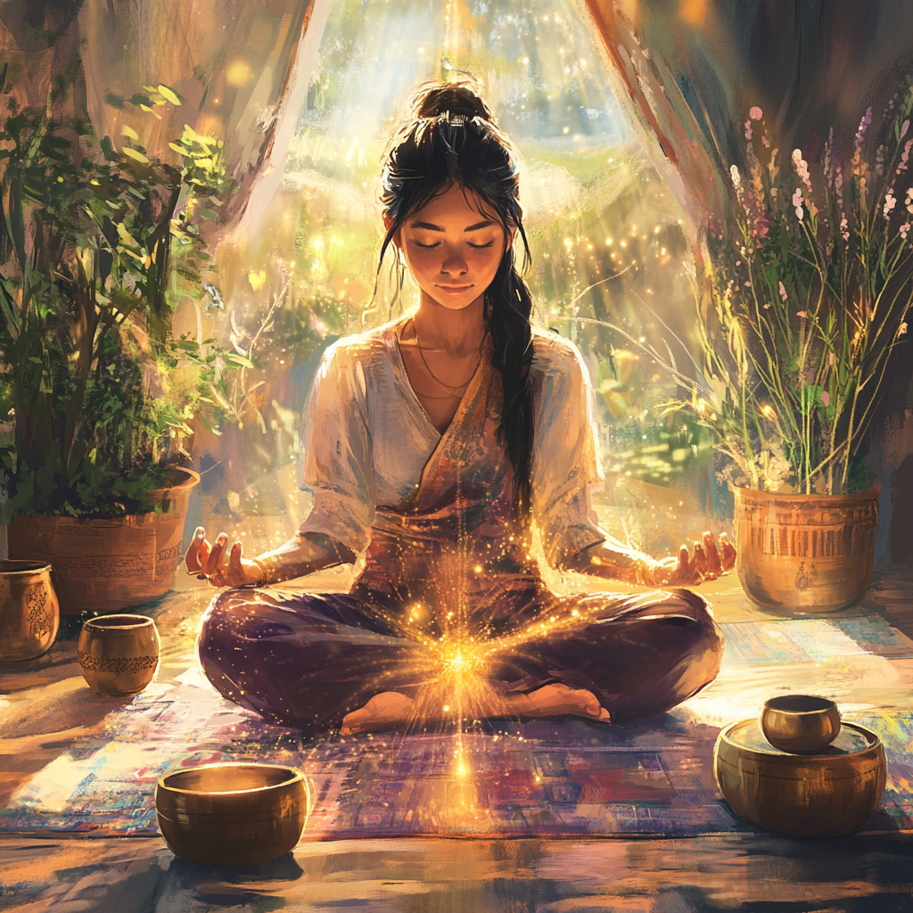 Woman meditating in lotus position surrounded by sound vibrations.