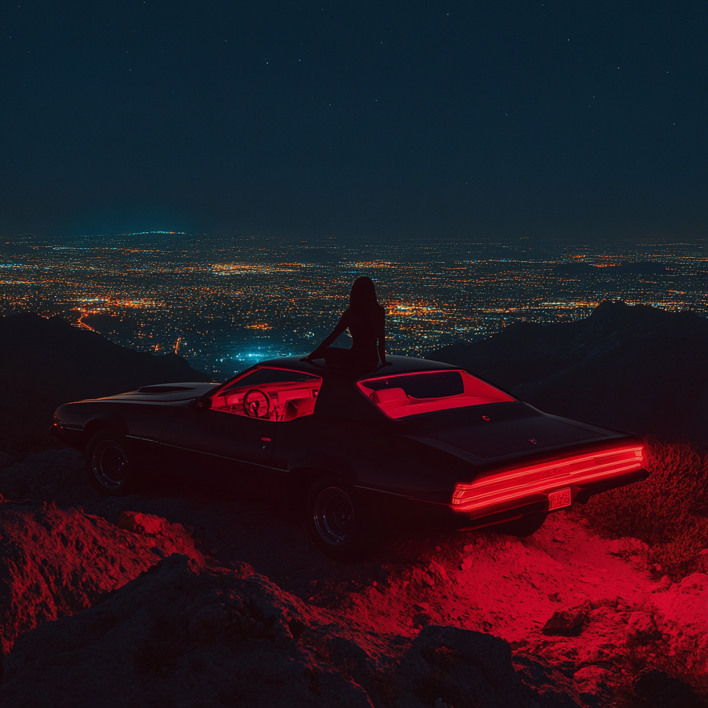 Woman on Car Roof Overlooking City Lights