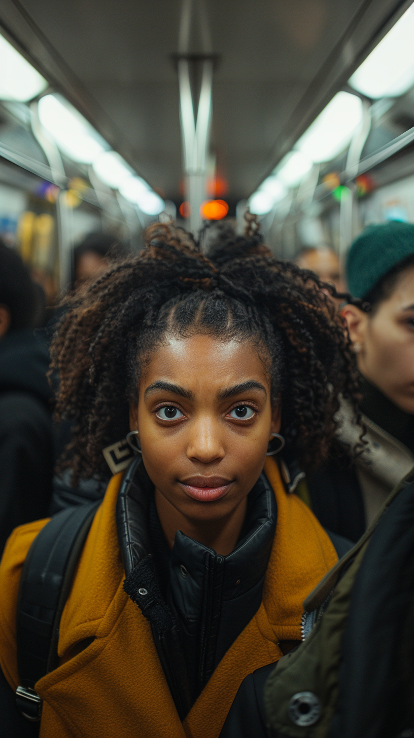 Woman on NYC subway train, distressed, surrounded by phone users.