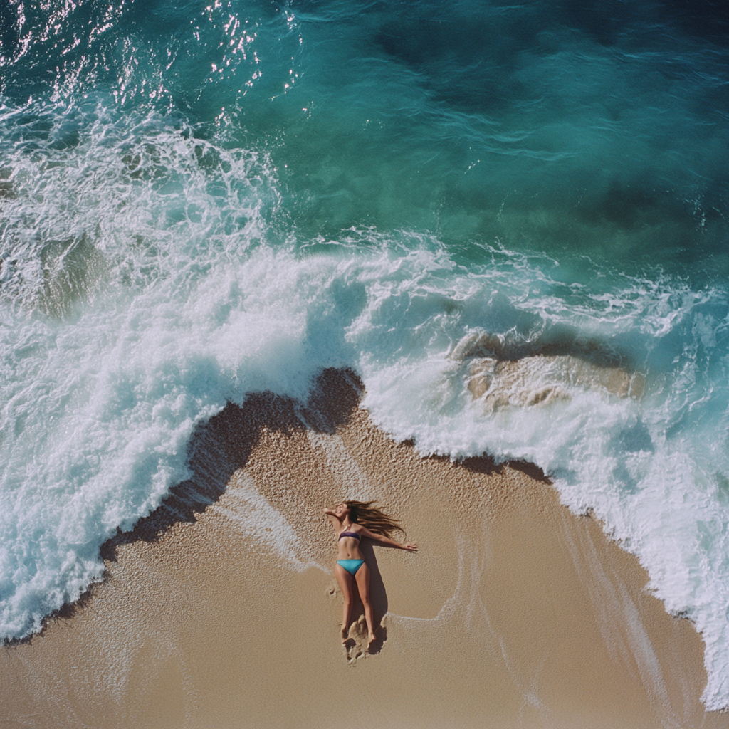 Woman on beach, ocean wave crashing in background.