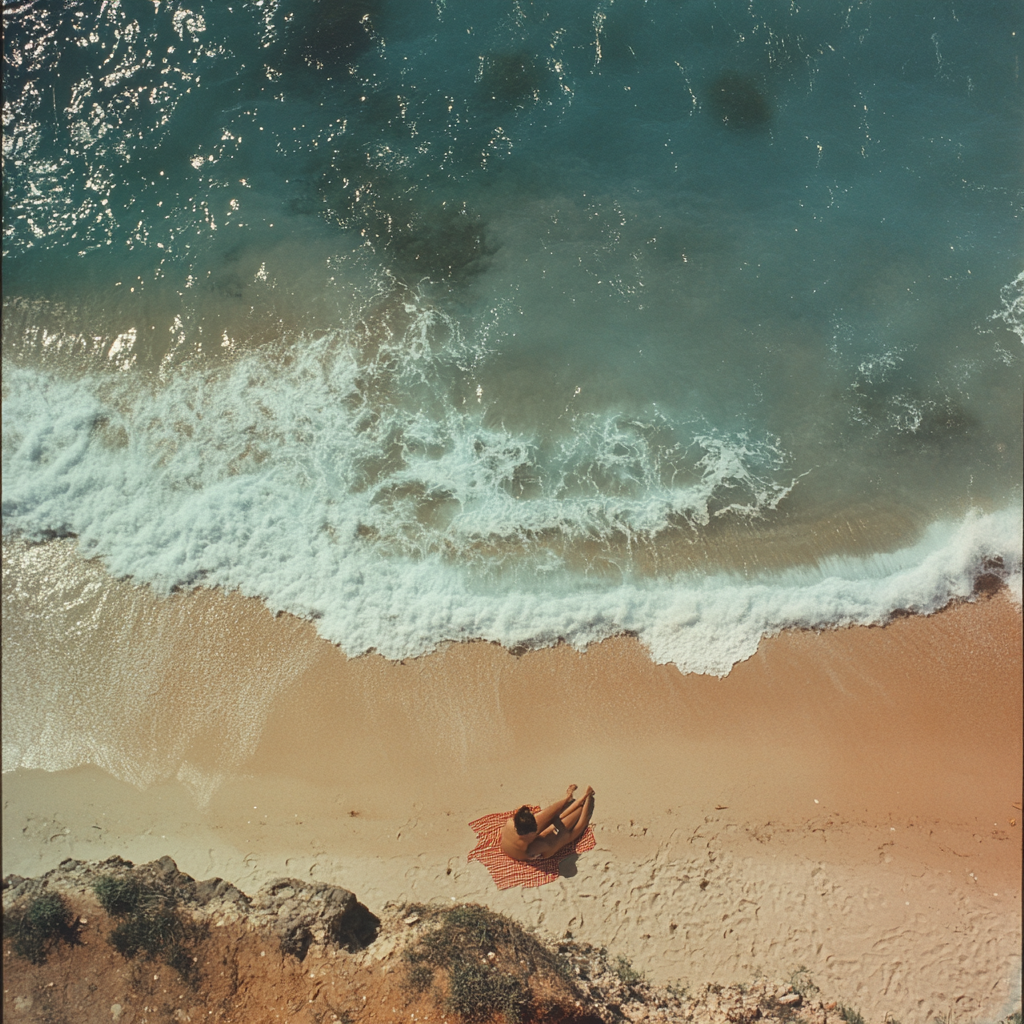 Woman on beach in vintage 70’s style.