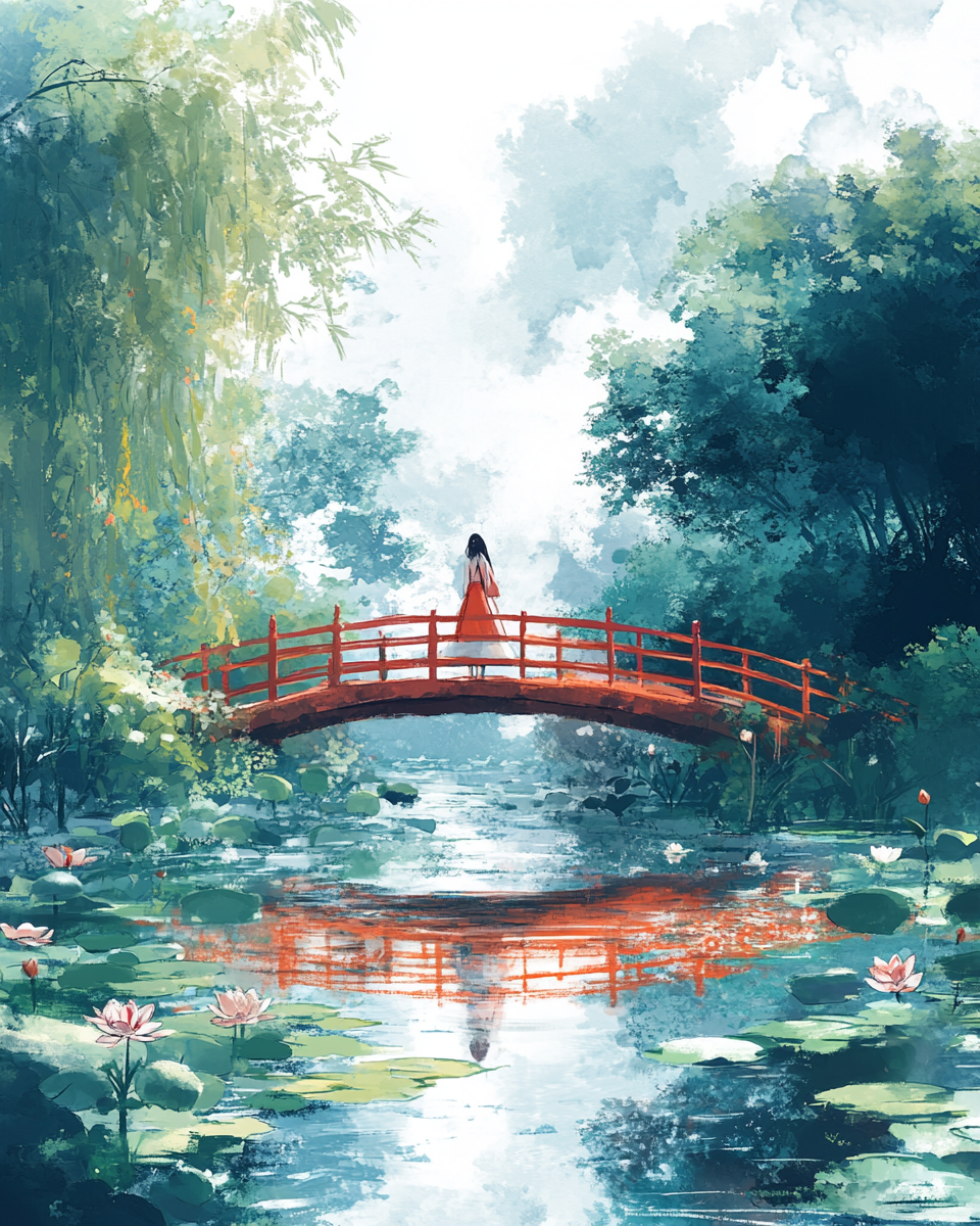 Woman on bridge over water lily pond, watercolor style.