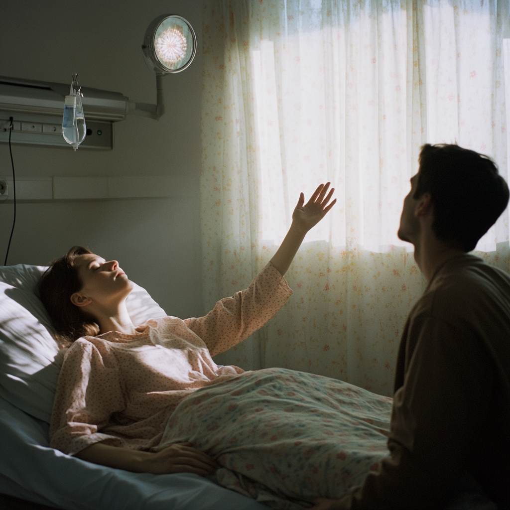 Woman on deathbed, husband beside her, arm reaching sky