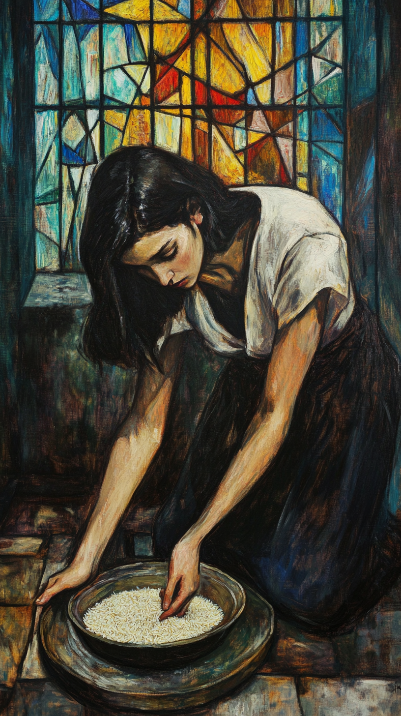 Woman picking up rice in church, lonely oil art