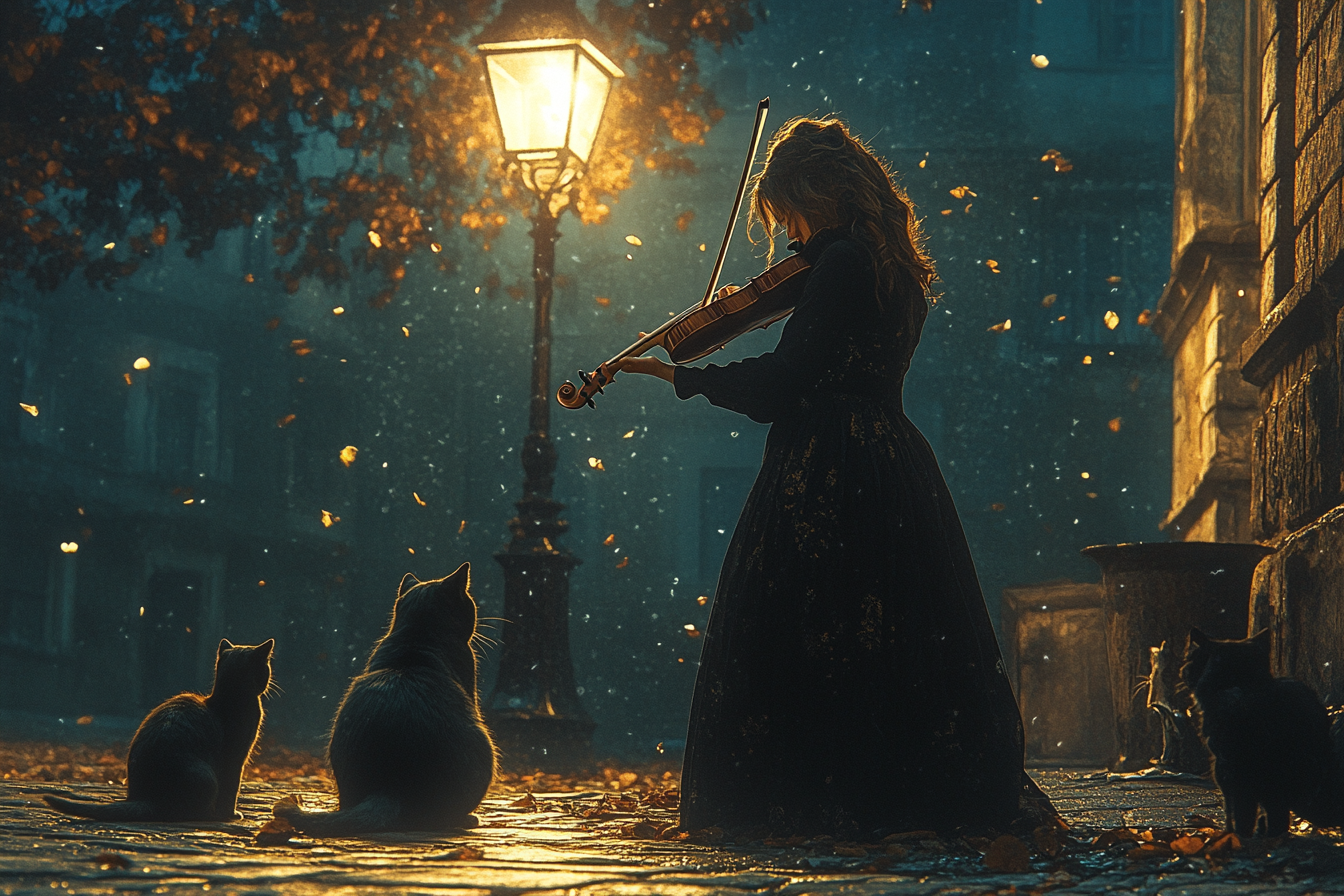 Woman plays violin surrounded by street cats, drawing.