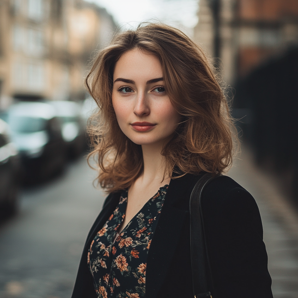 Woman posing on street with elegant emotive faces.