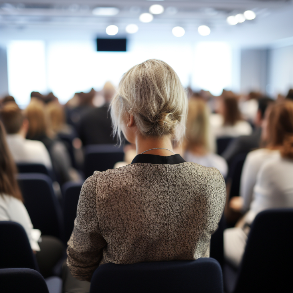 Woman presenting at conference, viewed from the back