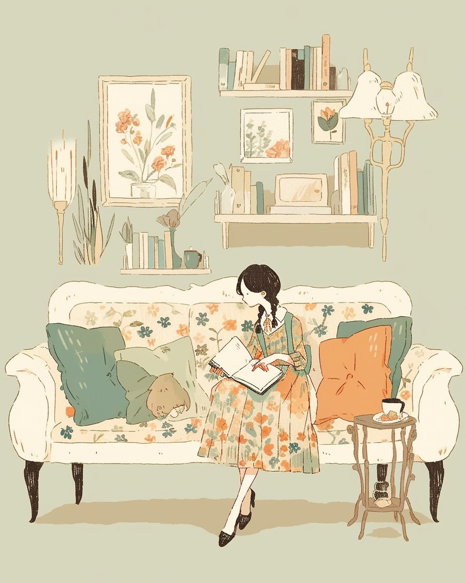 Woman reading book on cream sofa, cute illustration style.