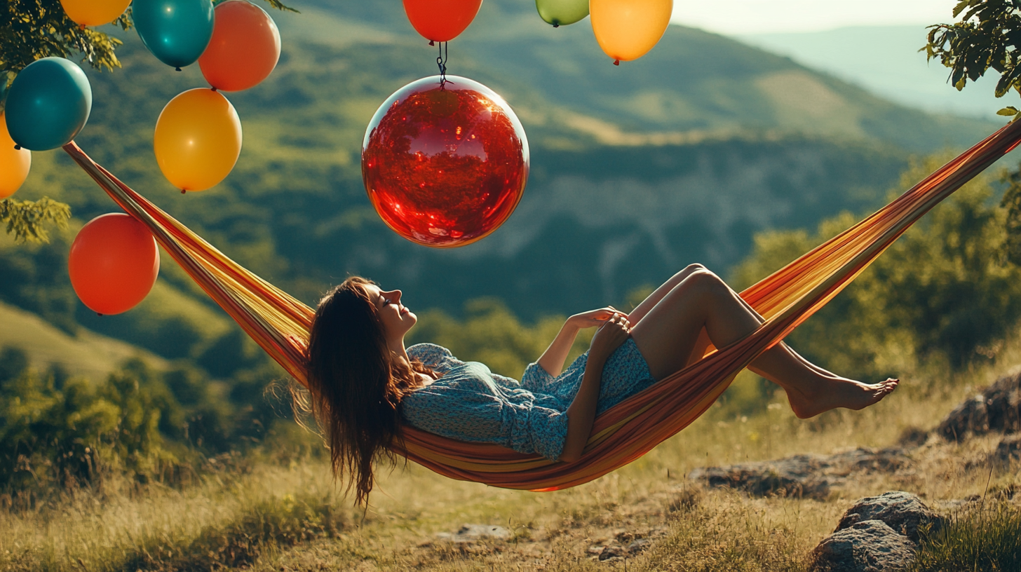 Woman relaxes in hammock with colorful balloons in scenic landscape