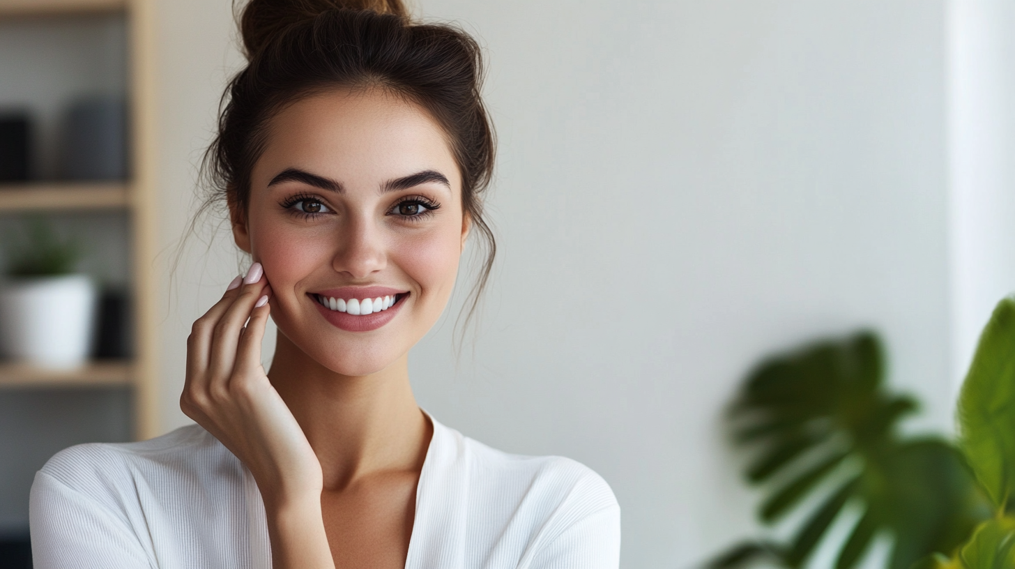 Woman removes makeup in office, smiling, natural beauty.