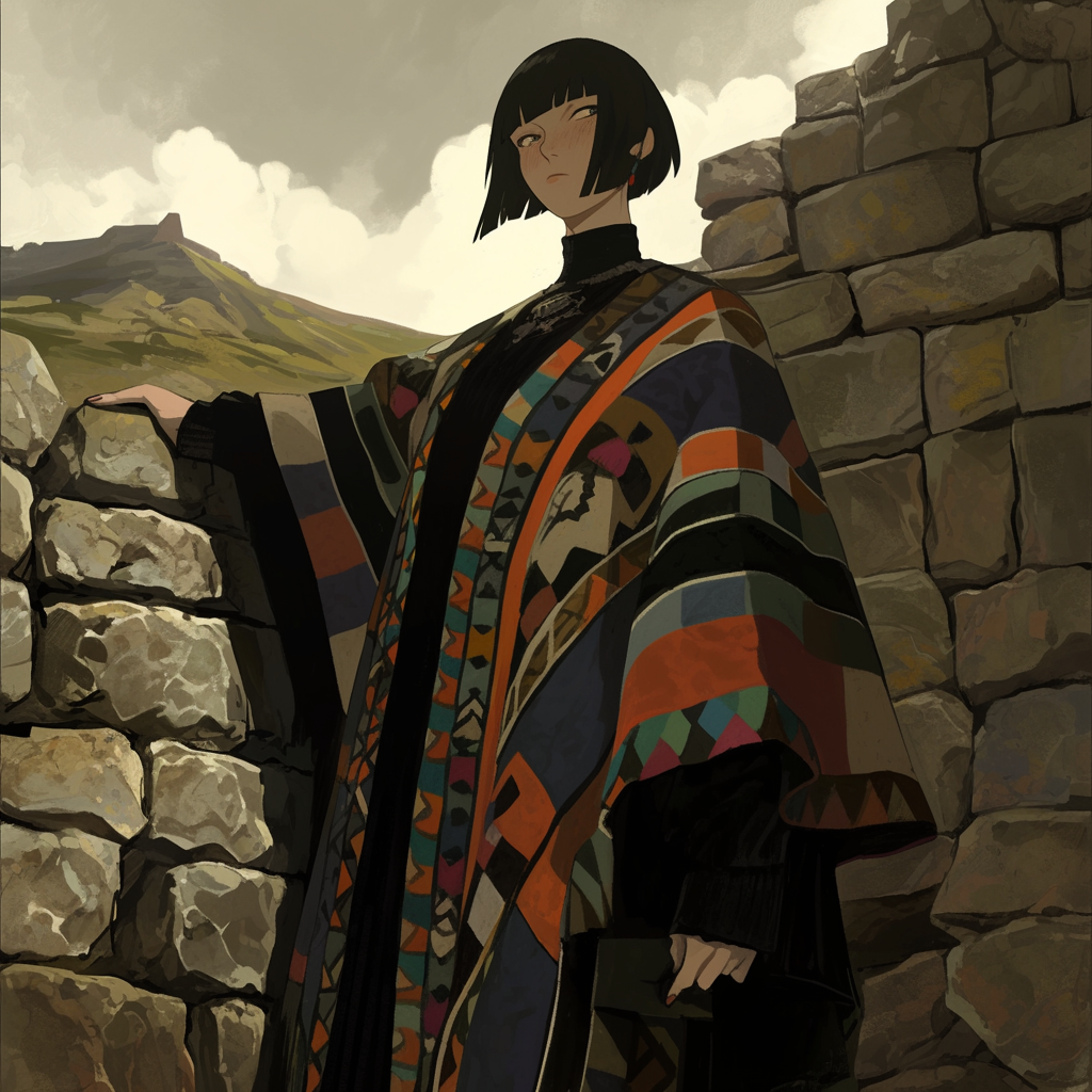 Woman resembling Louise Brooks, wearing geometric poncho, stands by ancient stone wall in Paracas, in raw comic book style.