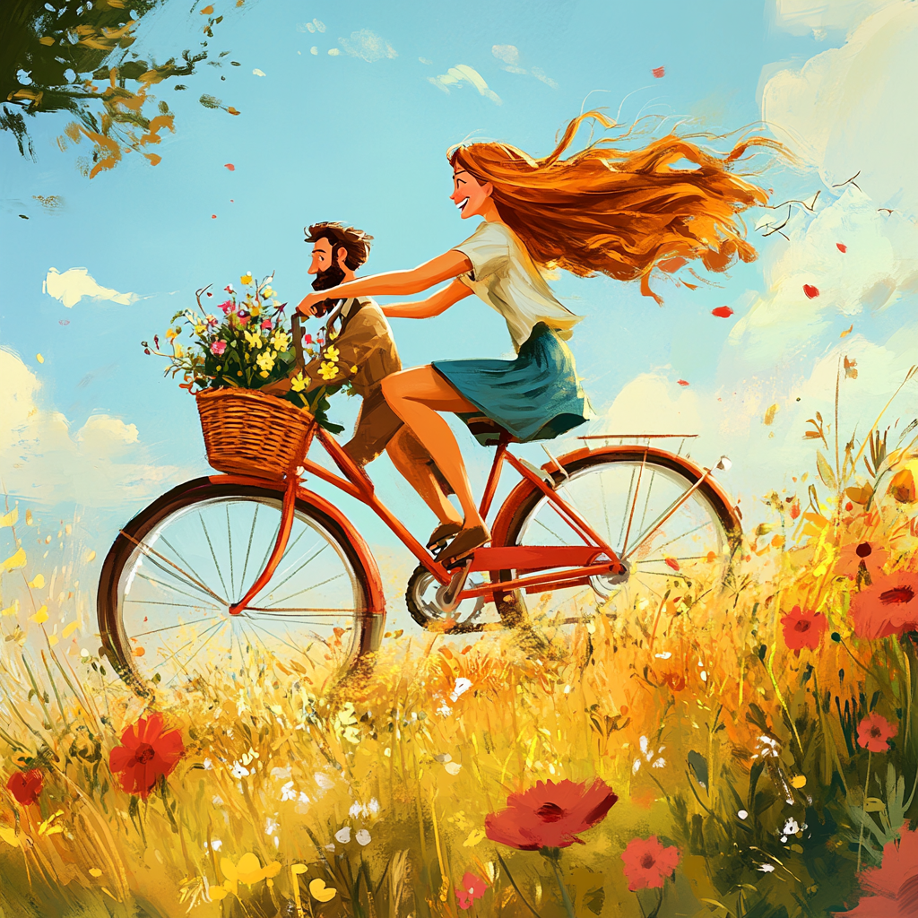 Woman rides bicycle with man in basket full of flowers herbs.