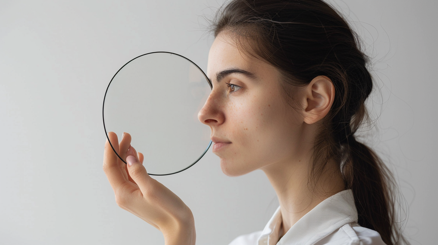 Woman showcasing 23cm half-circle on white background