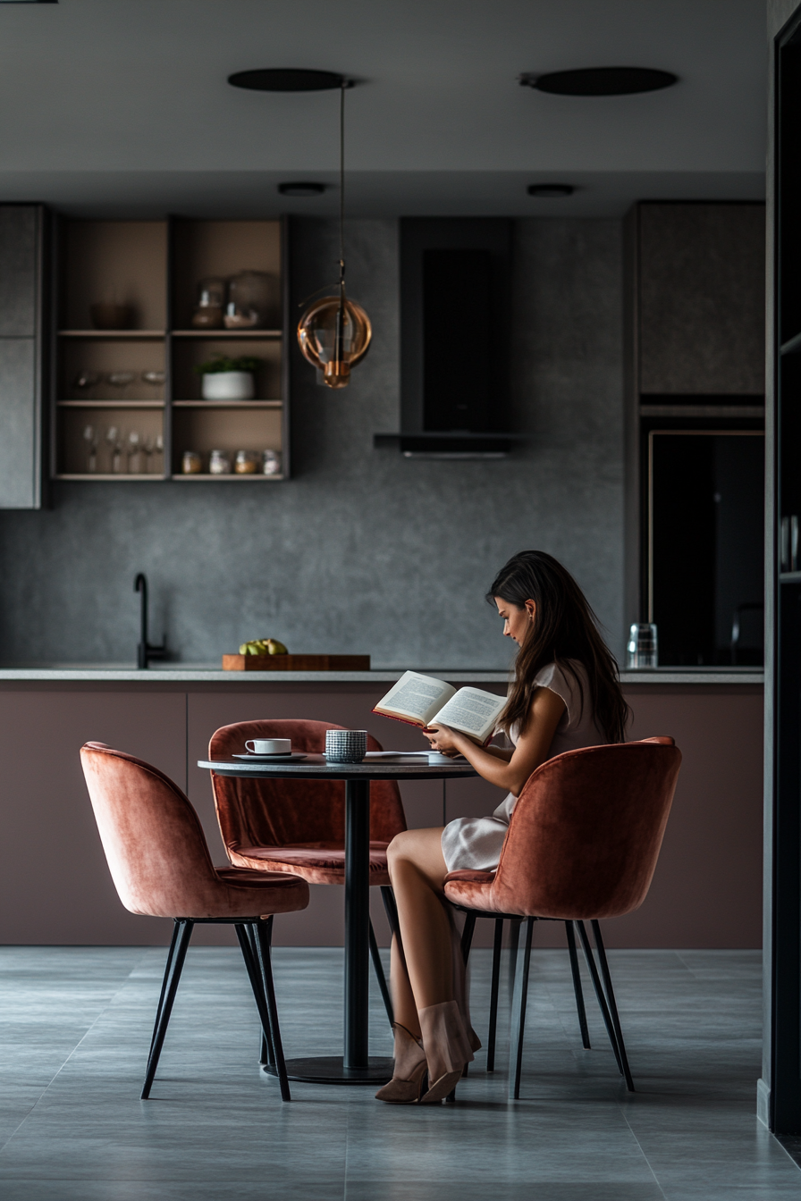 Woman sits in cozy kitchen reading book.