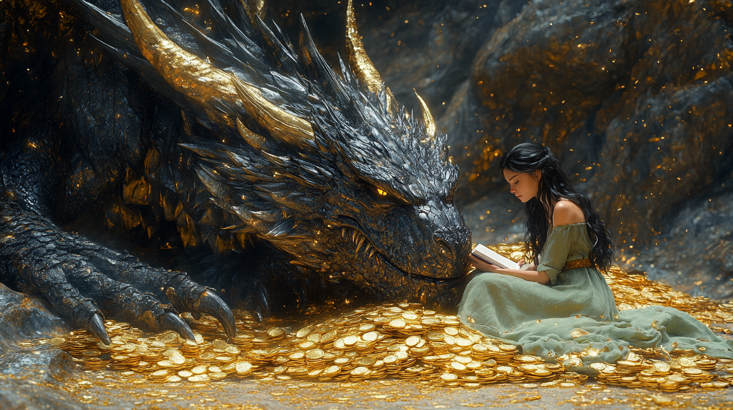 Woman sits next to sleeping dragon in golden cave.