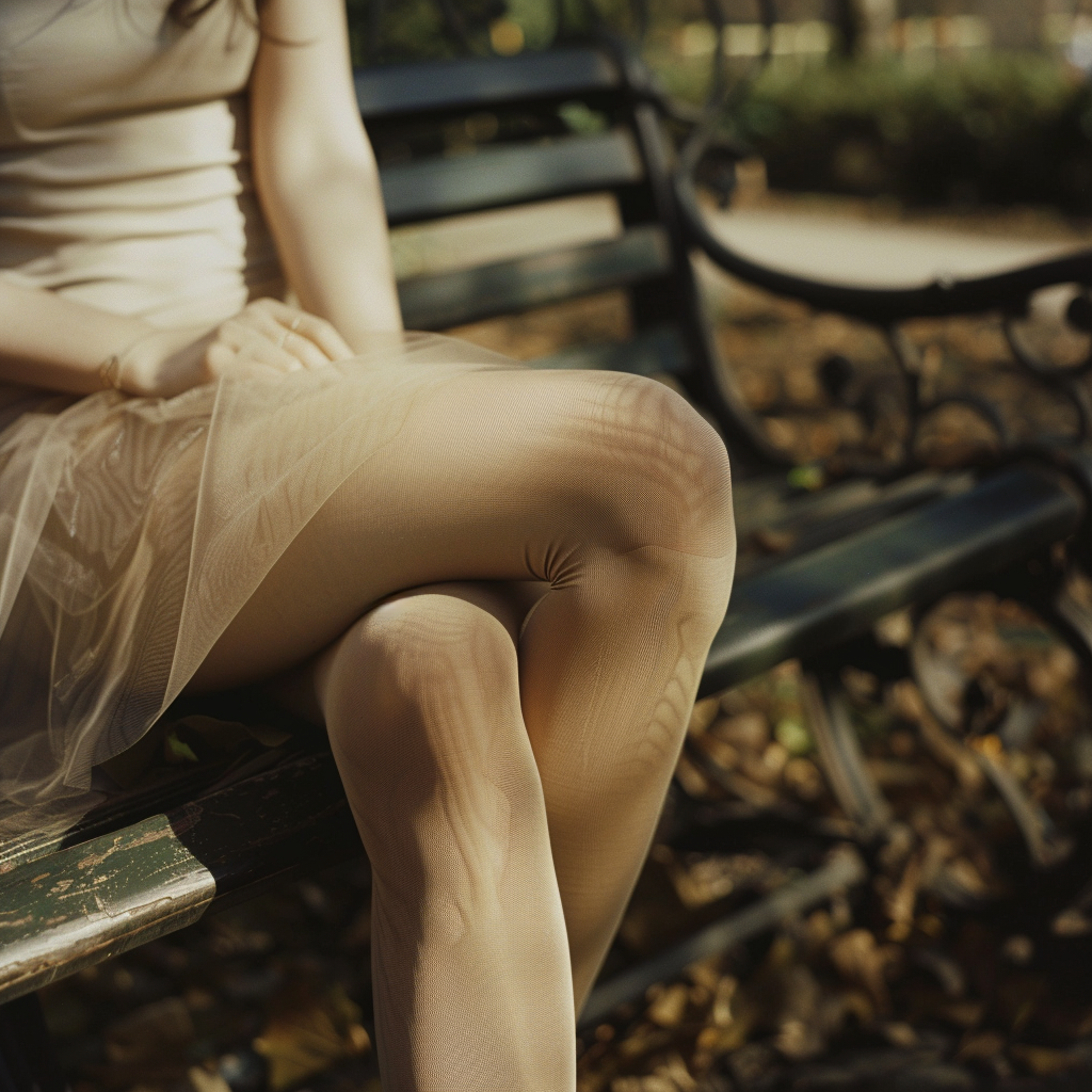 Woman sitting, examining ladder in beige tights.