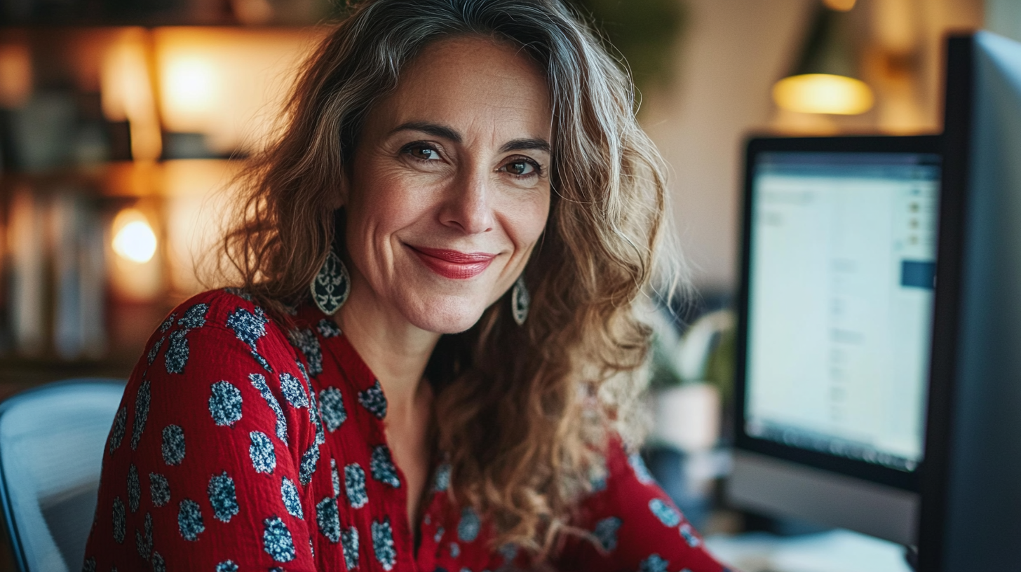 Woman smiling on virtual meeting, building community connection.