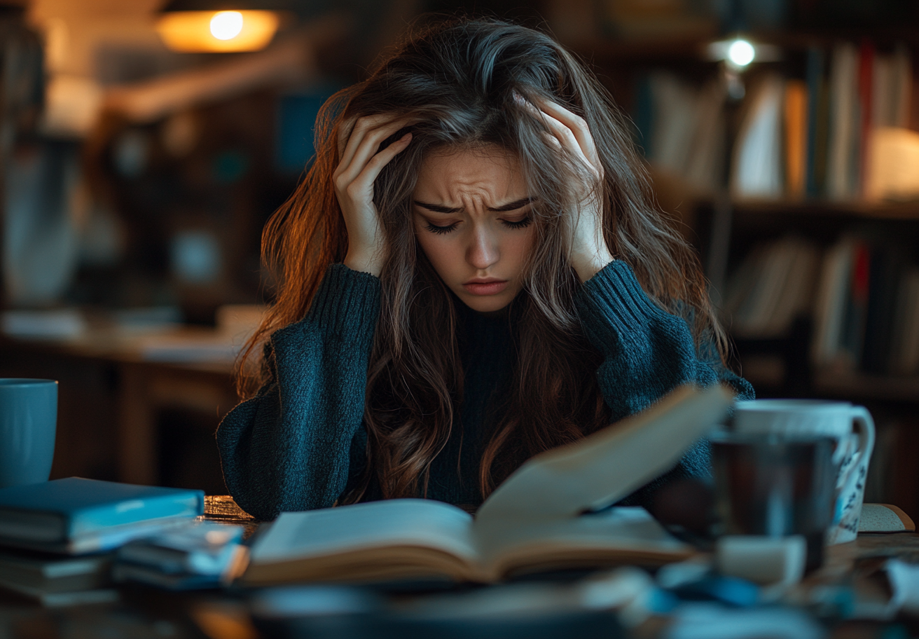 Woman studying with books and coffee; looking concerned.