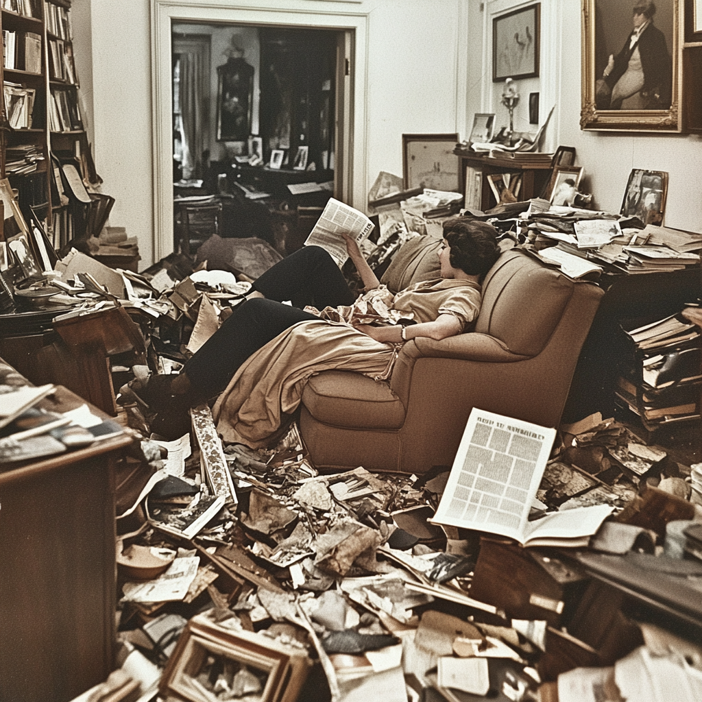 Woman swallowed by sofa while husband reads newspaper, 1964.