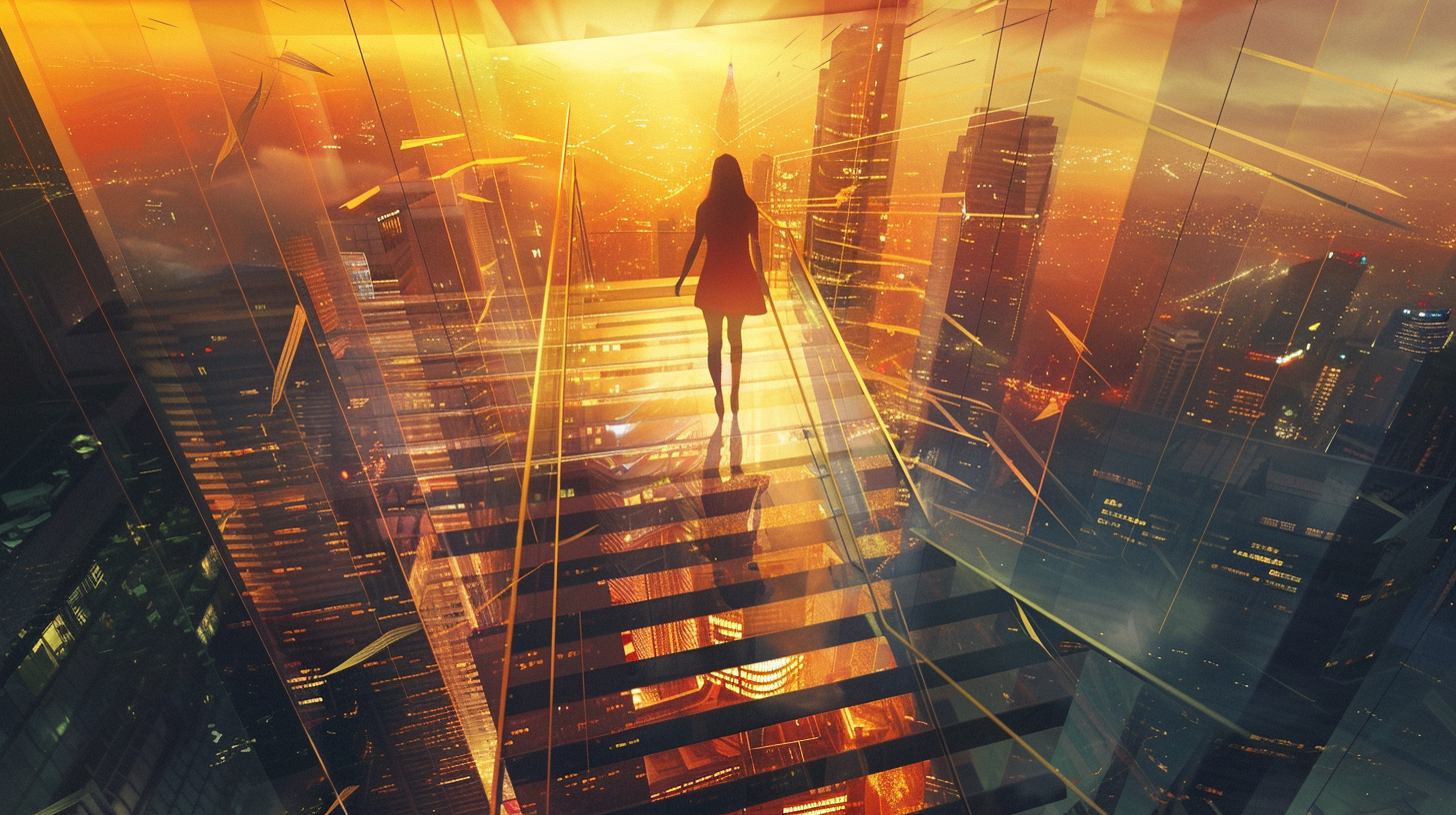 Woman triumphs, reaching top of glass office staircase. Skyline below.