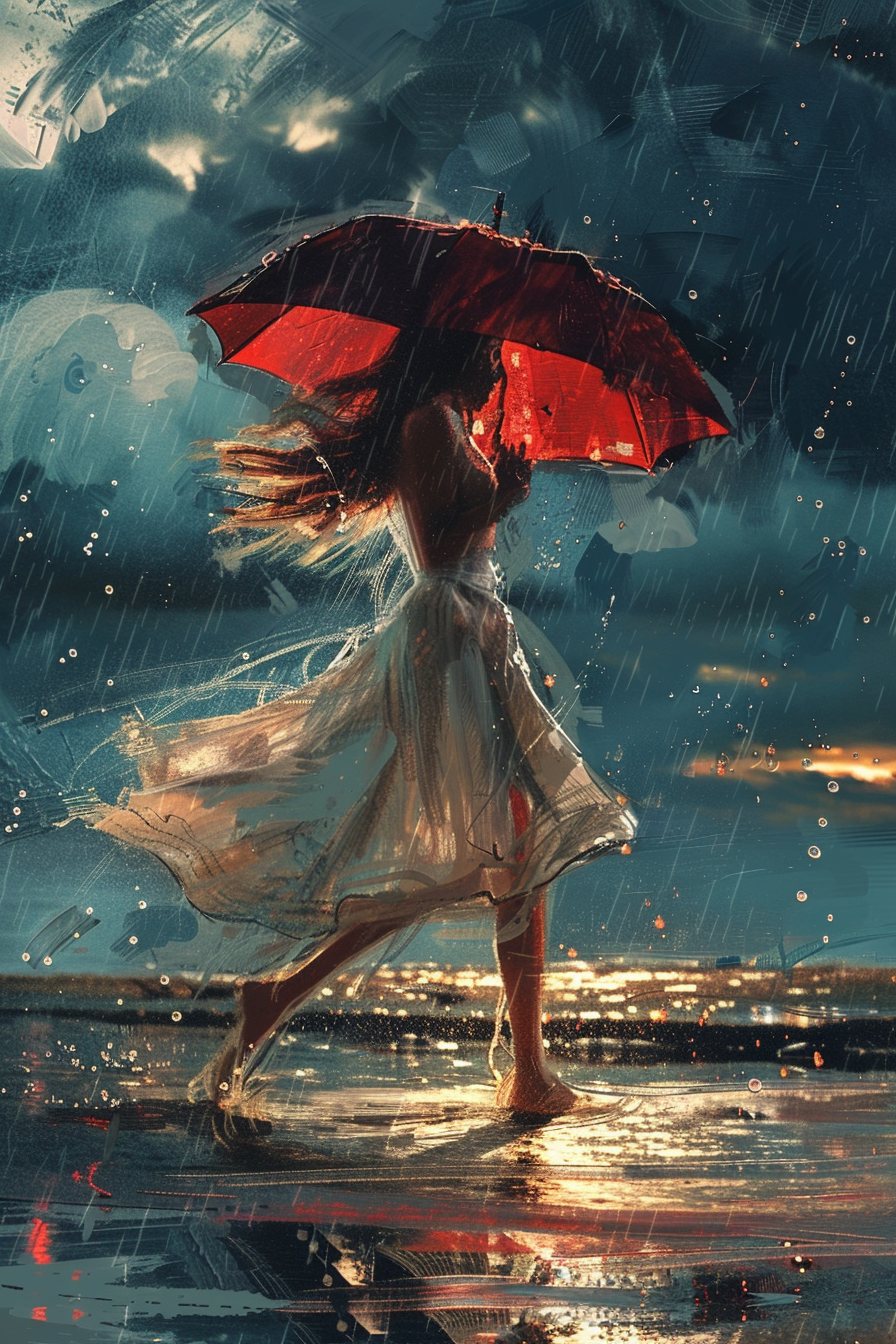 Woman twirling in rain with vibrant red umbrella.