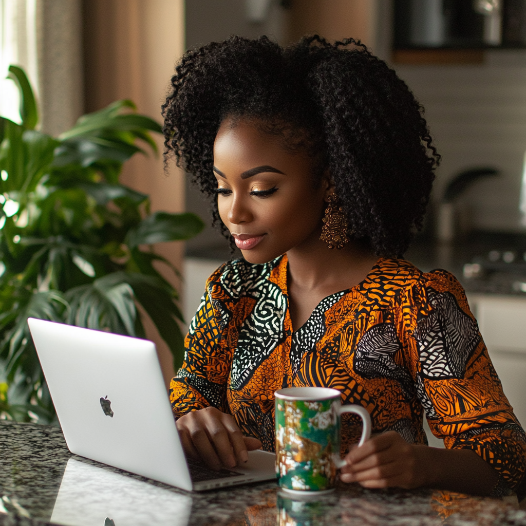 Woman typing on laptop in beautiful kitchen with plants.