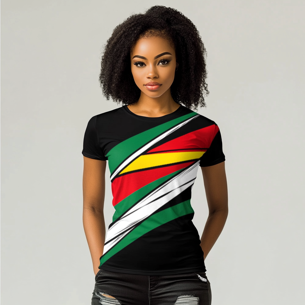 Woman wears flag design t-shirt with red, green stripes.