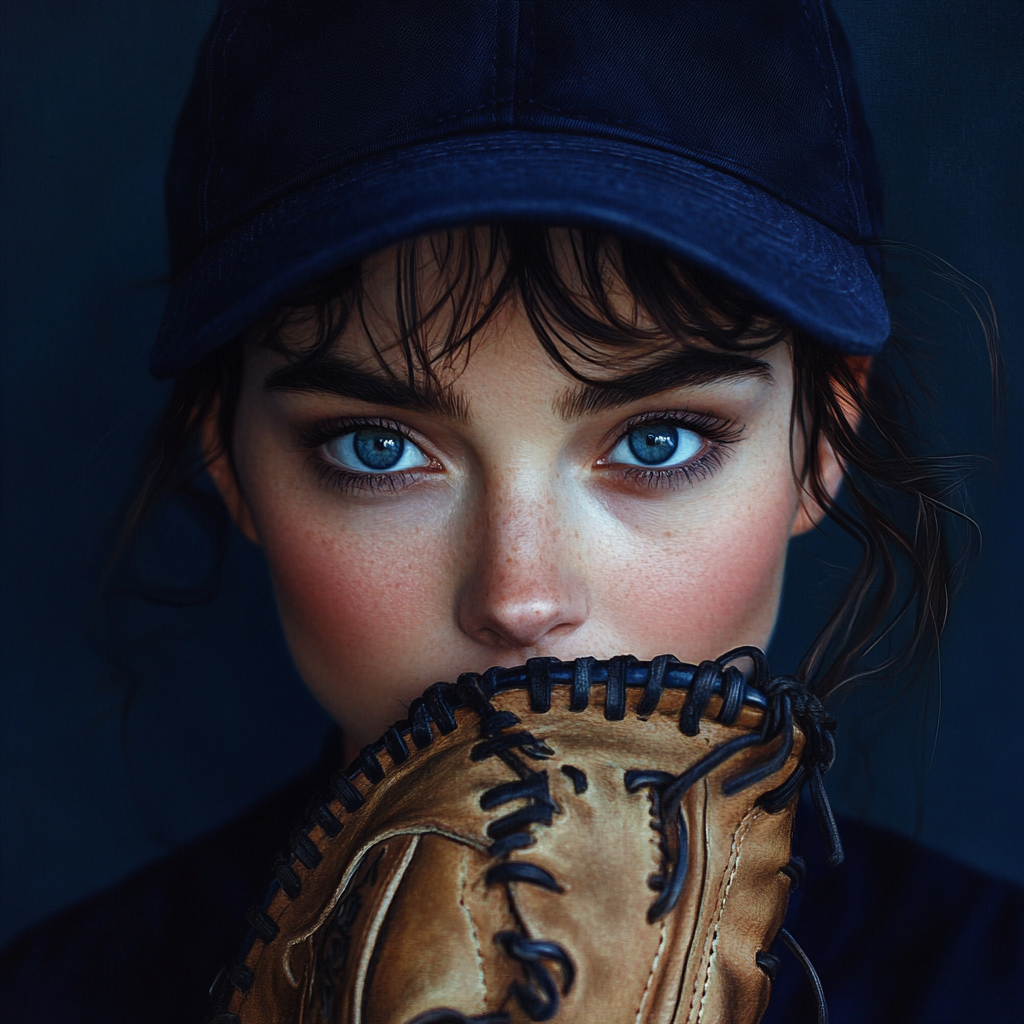 Woman with Blue Eyes Wearing Cap and Baseball Glove