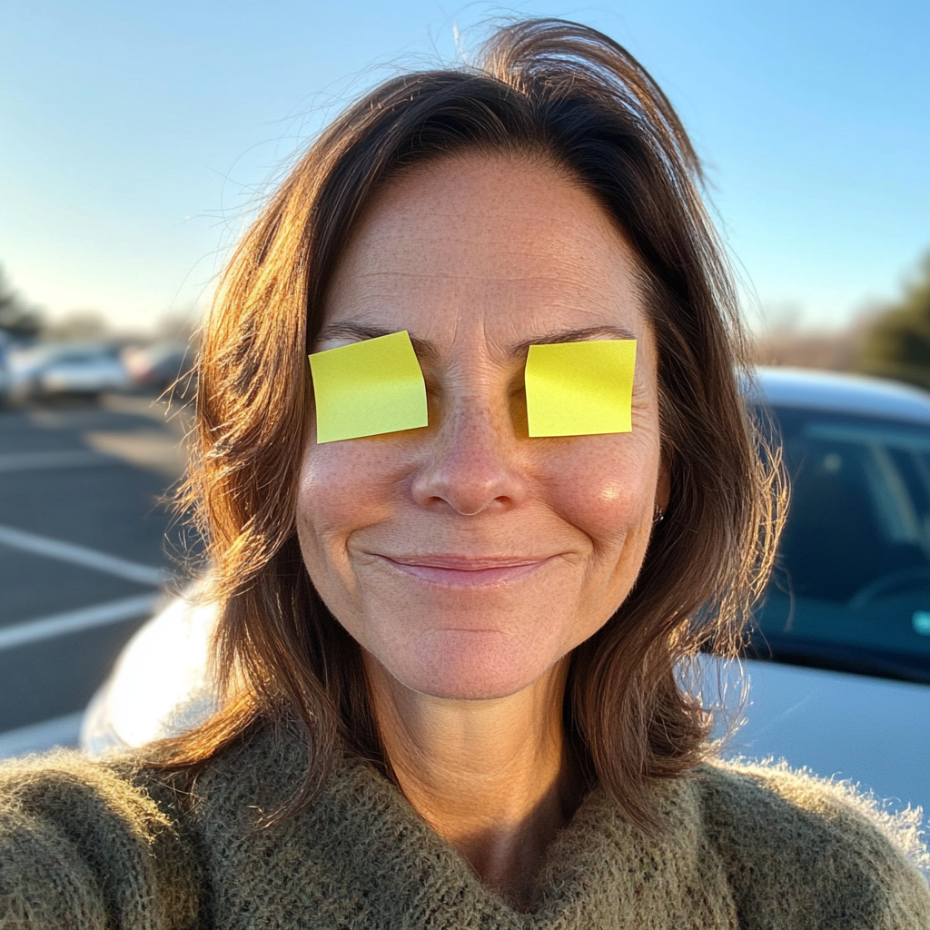 Woman with Post-It Notes Selfie in Manchester Parking Lot