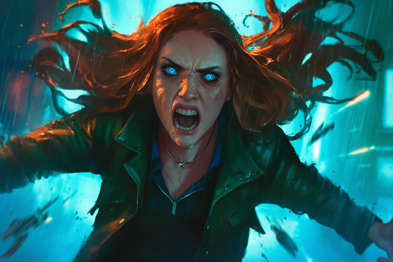 Woman with auburn hair in green jacket scream fear.