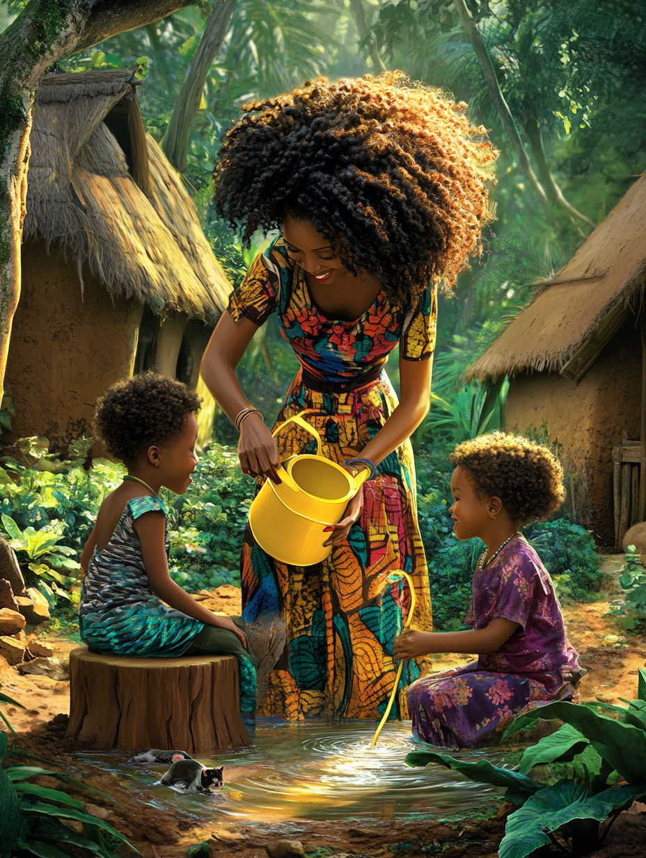 Woman with big hair pours water for children outside.