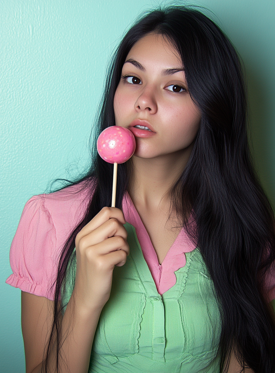 Woman with black hair eating lollipop in y2k style