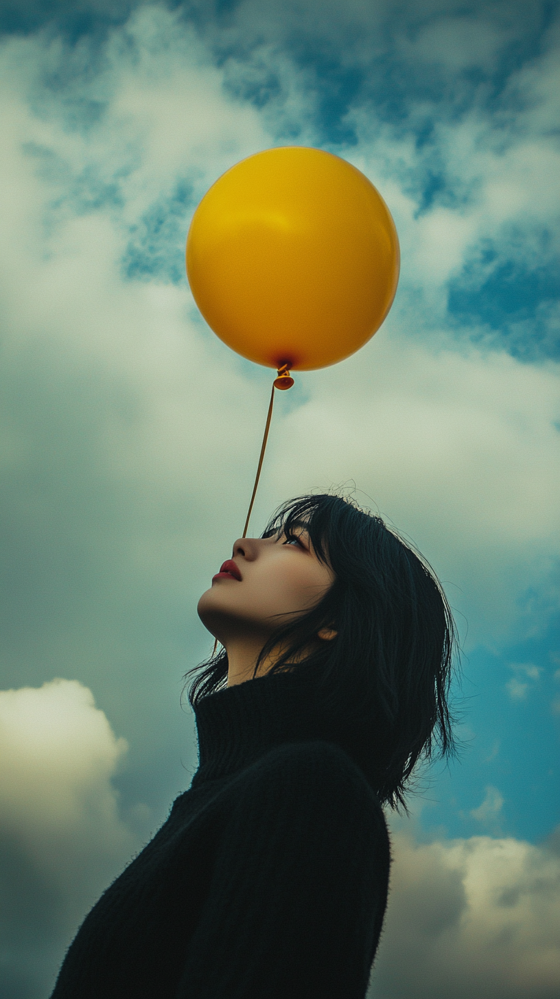 Woman with black hair holding yellow balloon in clouds.