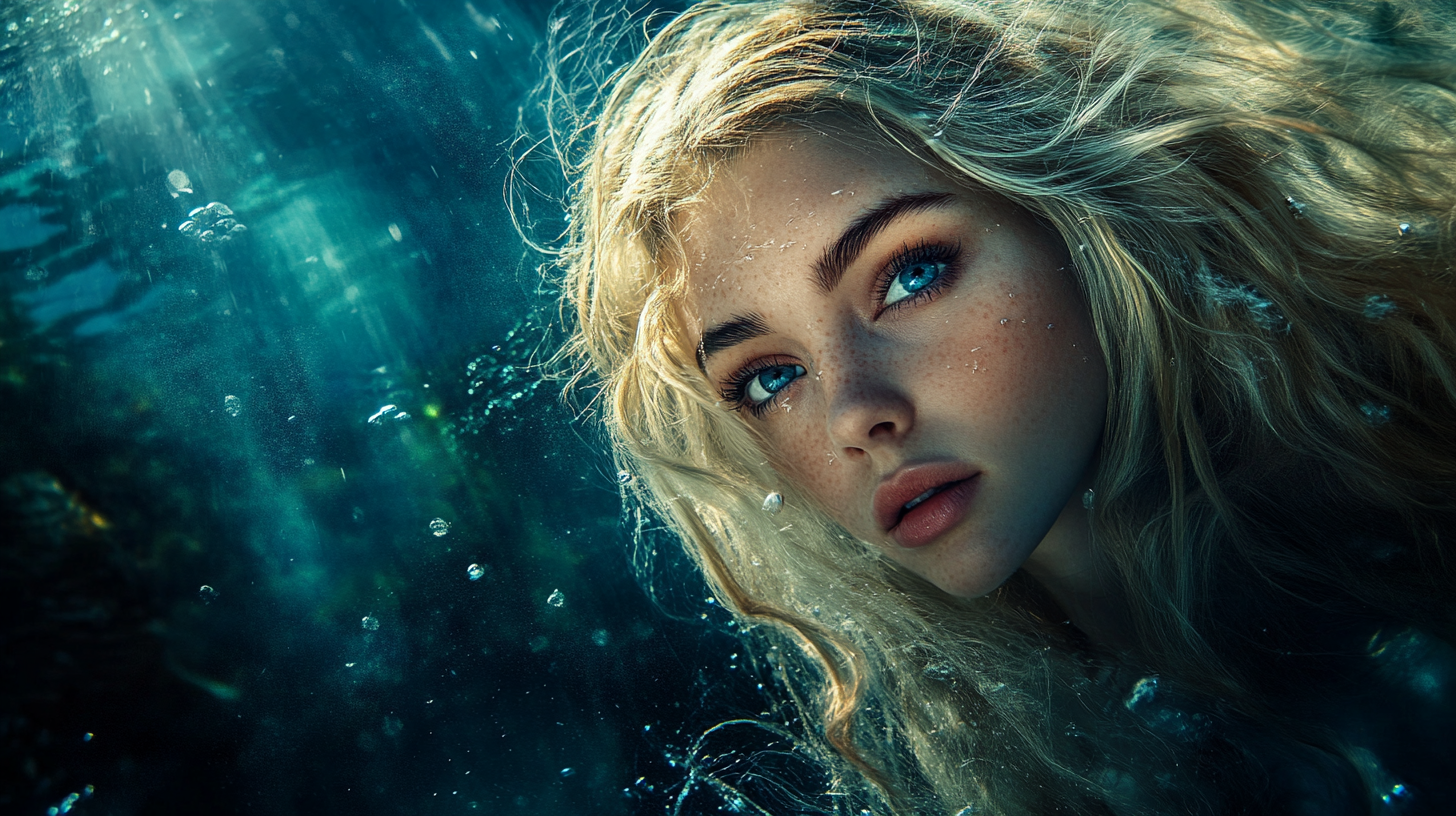 Woman with blonde hair and glowing skin underwater portrait.