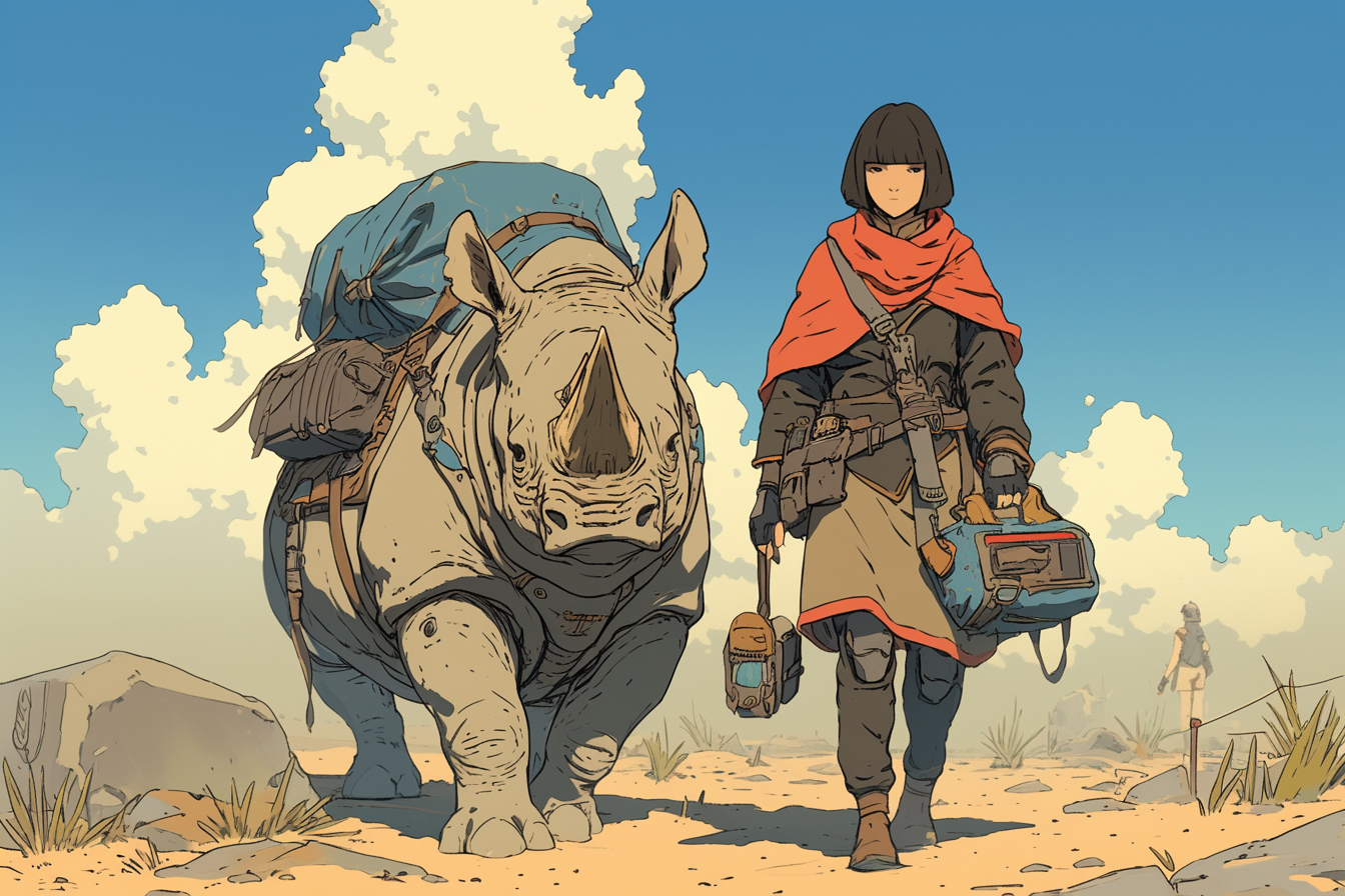 Woman with bob haircut and poncho walking with rhinoceros.