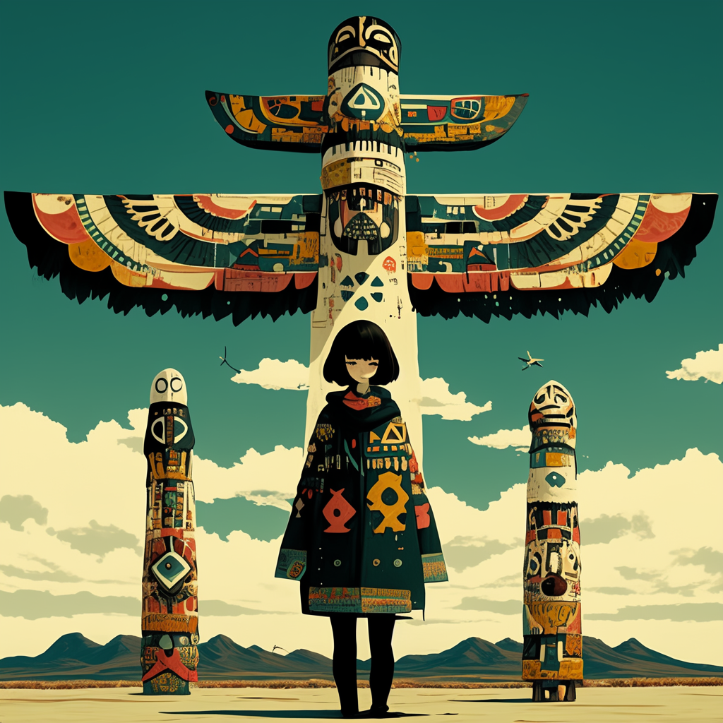 Woman with bob haircut stands next to totem poles.