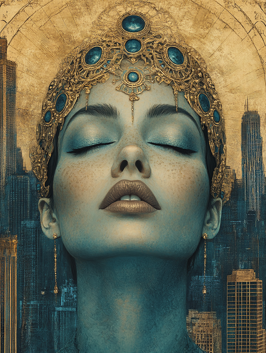 Woman with closed eyes & elaborate headpiece against cityscape.