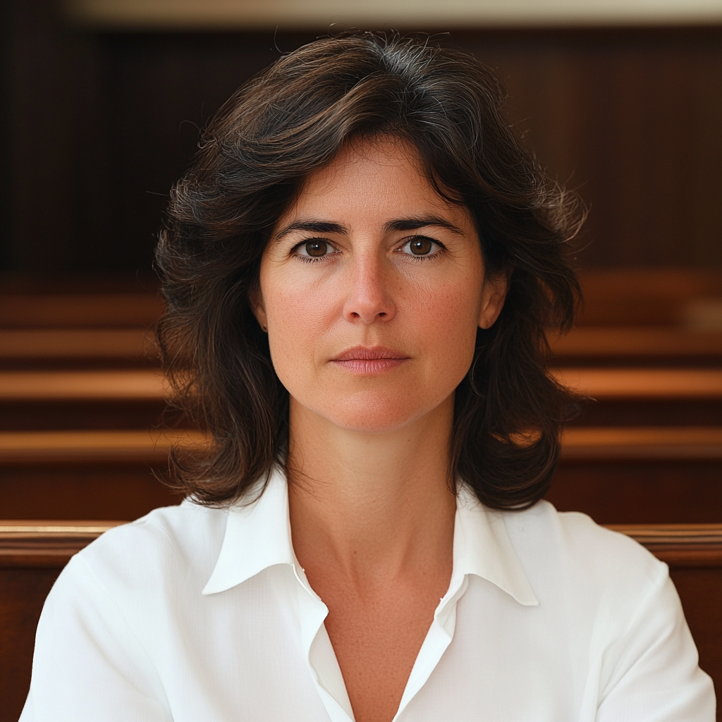 Woman with dark hair, white shirt in court.