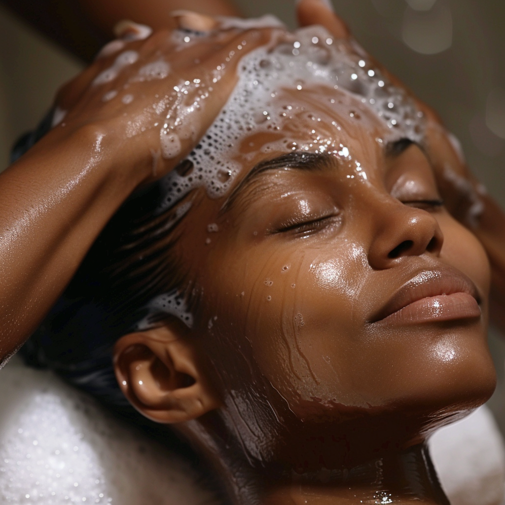 Woman with dark skin getting hair washed at salon, relaxed.