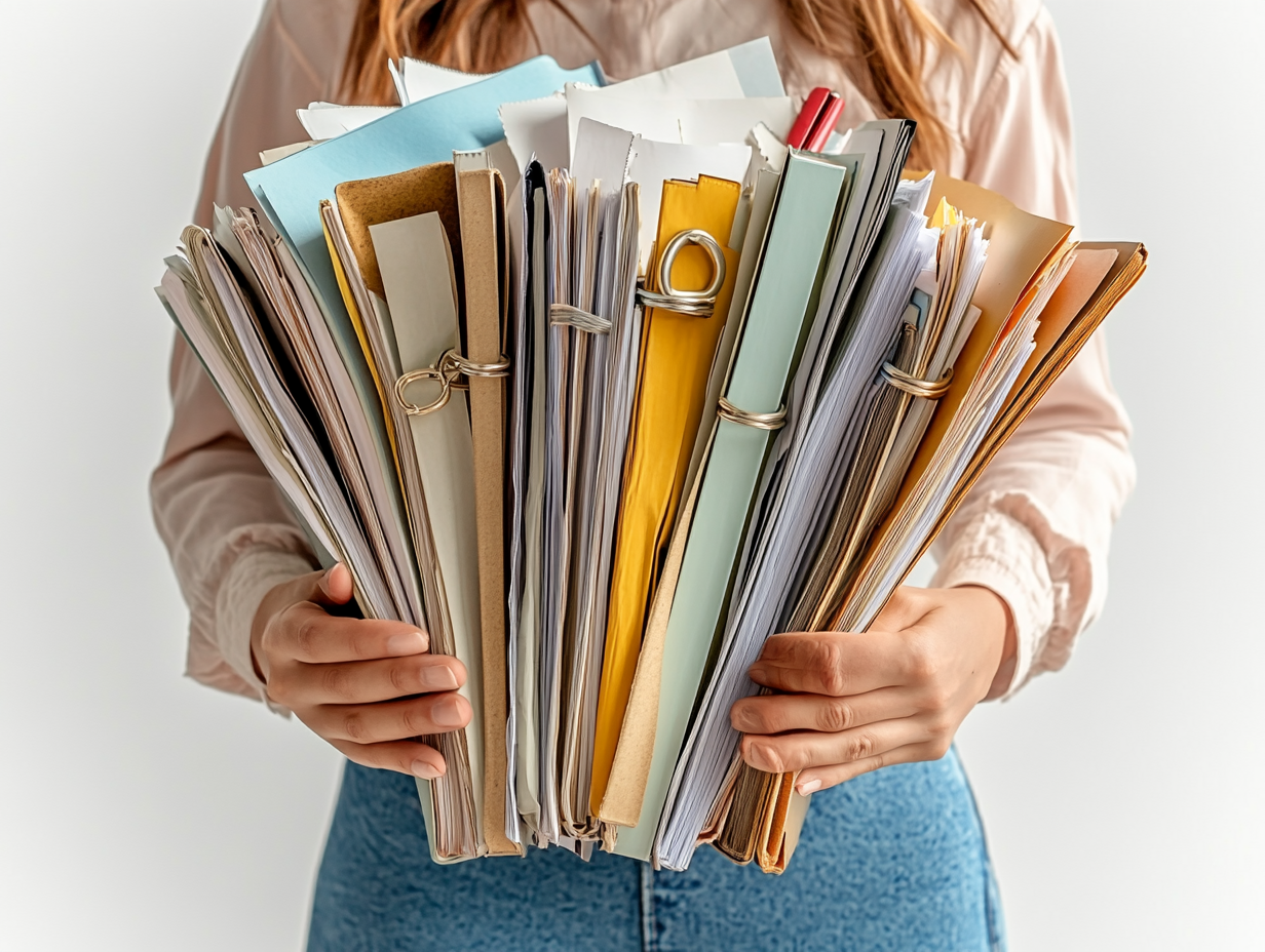 Woman with documents and file rings in hand.