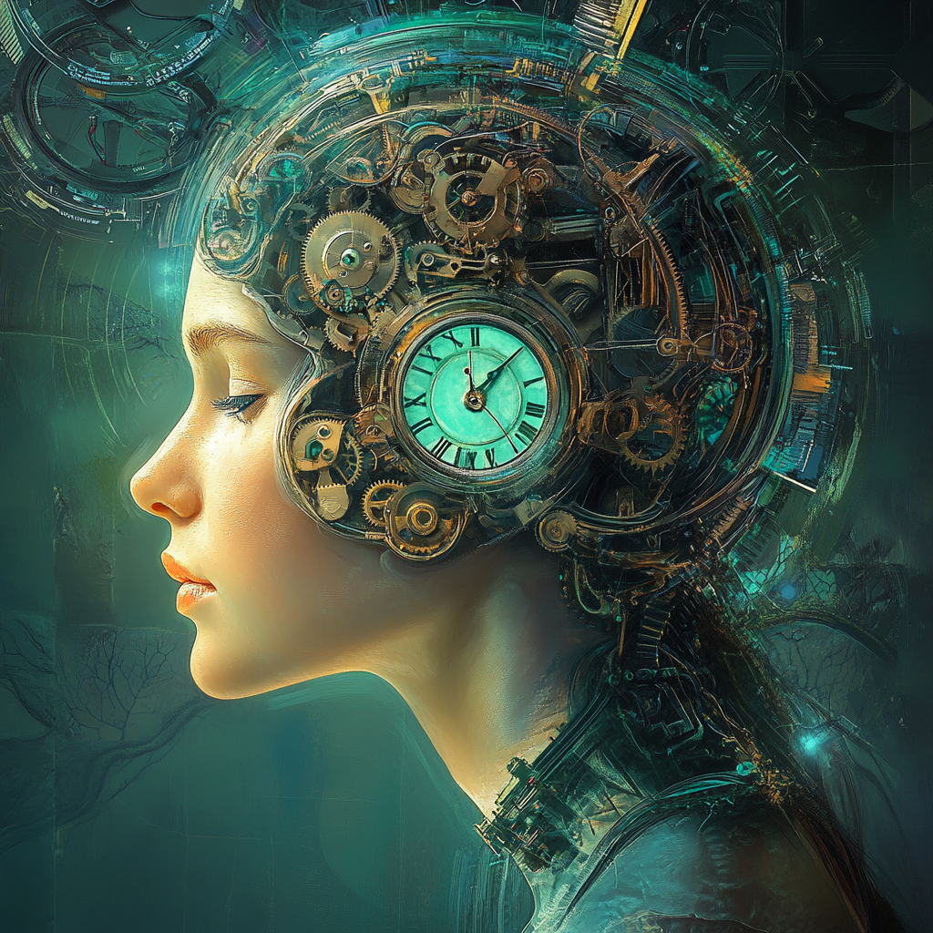 Woman with gears and clock in her brain, glowing.