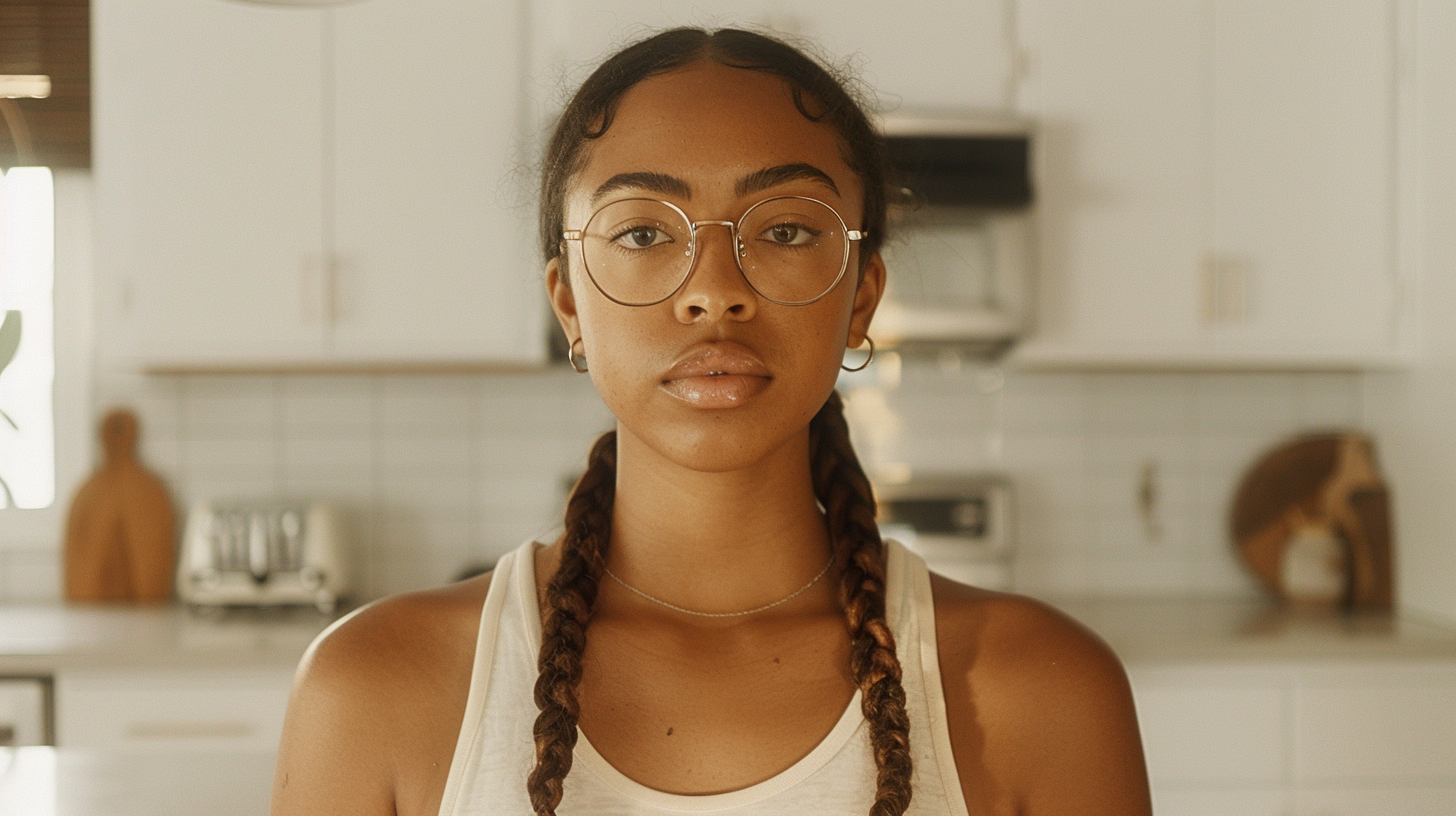 Woman with glasses and braid in modern kitchen.