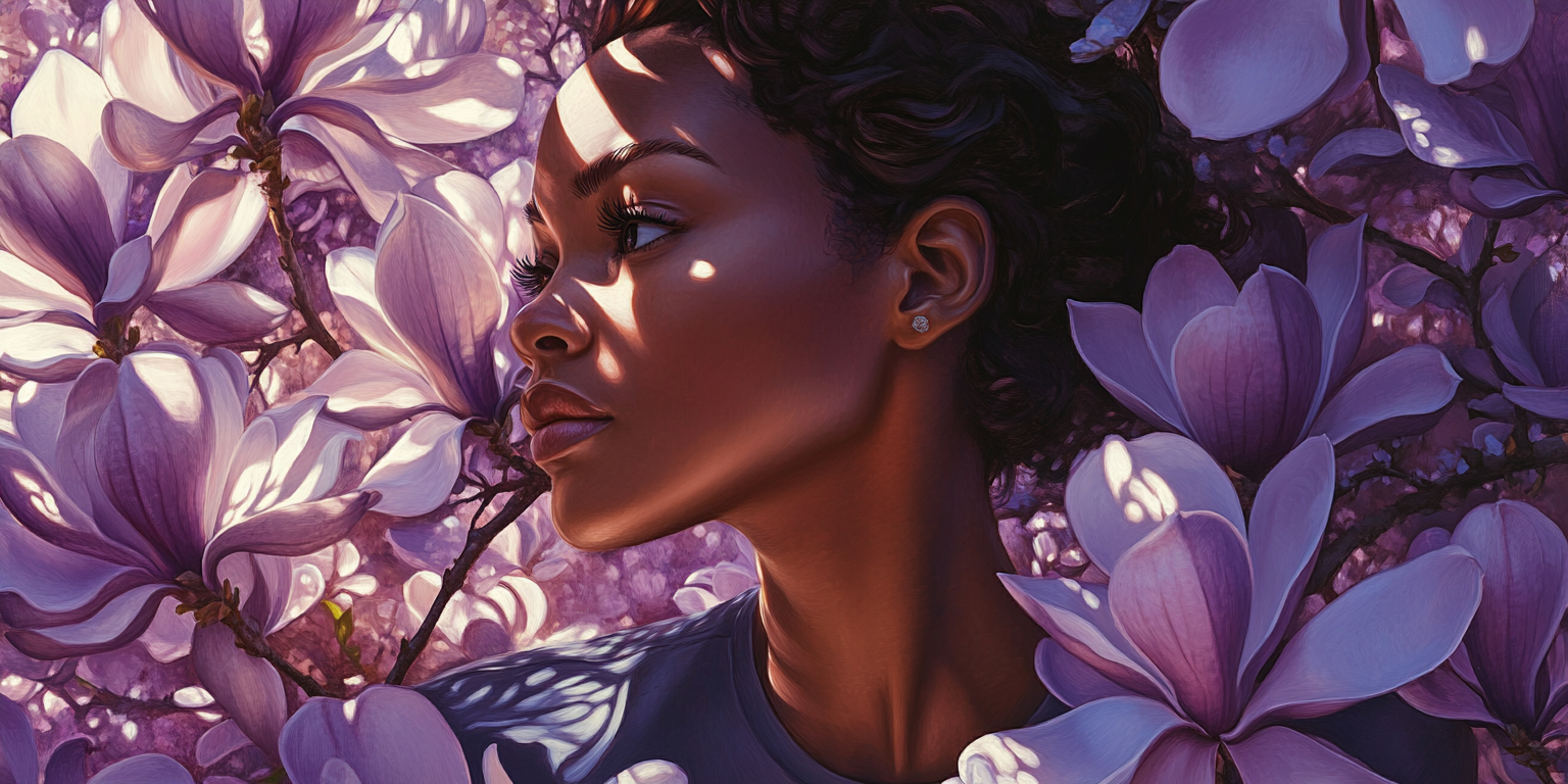 Woman with hope surrounded by magnolia flowers in shadows.